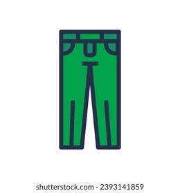 Linear color pictogram of classic men jeans. Casual clothes and shoes. Wardrobe item to create modern fashionable look. Simple outline stroke vector symbol isolated on white background