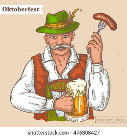 Linear color sketch of smiling man with glass of beer and text Oktoberfest. Vector hand drawn illustration of the old man in traditional german costume with mustache on the textured paper background.