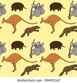 Linear colored seamless pattern of vector animals isolated on white background. Vector illustration of cute animal including kangaroo, koala, platypus and echidna.