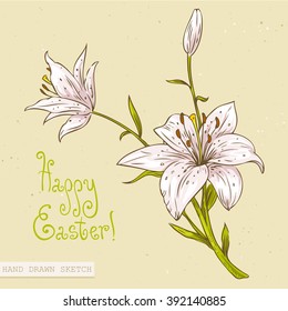 Linear colored sketch of the beautiful easter lily flowers with green text Happy Easter. Hand drawn vintage vector illustration with lettering happy easter on the textured beige paper background.