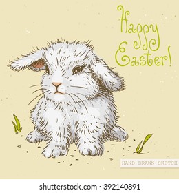 Linear colored sketch of the cute easter baby rabbit with green text Happy Easter. Hand drawn vintage vector illustration with lettering happy easter on the textured beige paper background.