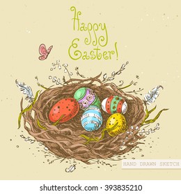 Linear colored sketch of the easter nest with candles, eggs and green text Happy Easter. Hand drawn vintage vector illustration with lettering happy easter on the textured beige paper background.