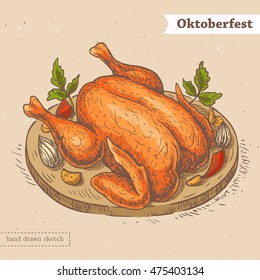 Linear colored sketch of the roasted chicken on the tray with vegetables and text Oktoberfest. Hand drawn vector illustration with german traditional food fried hen on the textured paper background.