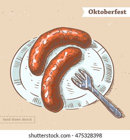 Linear colored sketch of the sausages on the plate with fork and text Oktoberfest. Hand drawn vector color illustration with german traditional food grilled wurst on the textured paper background.