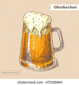 Linear colored sketch in vintage style of the glass of beer with foam and text Oktoberfest. Vector hand drawn illustration in vintage style of the mug with fresh beer on the textured paper background.