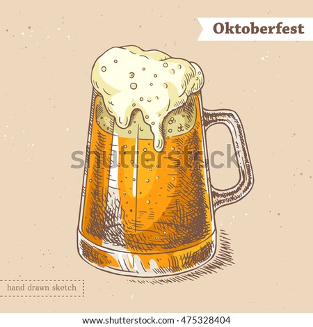 Linear colored sketch in vintage style of the glass of beer with foam and text Oktoberfest. Vector hand drawn illustration in vintage style of the mug with fresh beer on the textured paper background.
