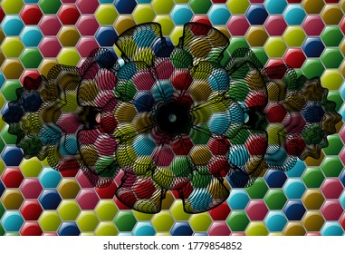 Linear Colorful candy badge. Hexagon classic background. Artistic illustration. 