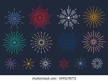 Linear colorful fireworks icon set. Red, orange, blue, green, violet and white firework in linear style. Flat style festive vector illustration for holiday, celebration, banner, sale, greeting card