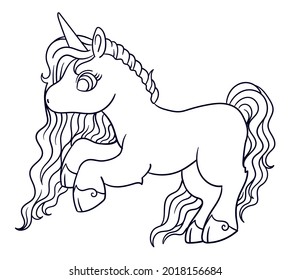 linear coloring page beautiful magical unicorn princess. vector