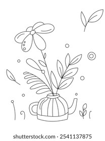 Dibujo para colorear lineal con flores en una hermosa tetera