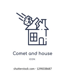 Linear comet and house icon from Meteorology outline collection. Thin line comet and house icon isolated on white background. comet and house trendy illustration