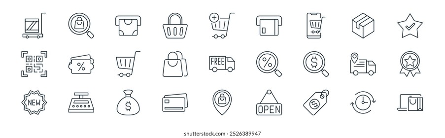 linear commerce icon pack. vector thin line clockwise, magnifier, cash withdrawal, package, shopping bag, trusted seller, location, buy online icons suitable for apps and websites ui designs
