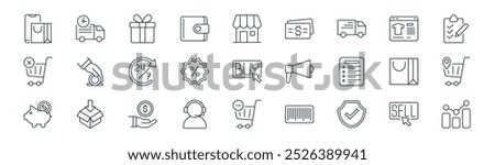 linear commerce icon pack. vector thin line sell, delivery time, gift, catalog, percentage, retail shop, remove from cart, bar chart icons suitable for apps and websites ui designs