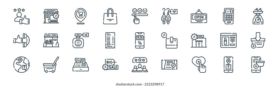 linear commerce and shopping icon pack. vector thin line location, shop, shop, point of sale, bill, add to cart, best customer experience, add to cart icons suitable for apps and websites ui designs