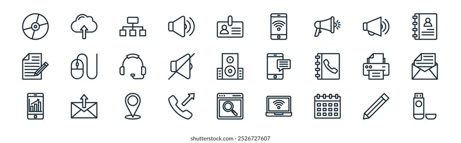 Lápiz de línea delgada de Vector, computación en la nube, diagrama de flujo, megáfono, silencio, sobre, búsqueda, iconos USB adecuados para App y Sitios web Diseños de interfaz de usuario