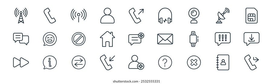 linear communication icon pack. vector thin line contact book, telephone, wifi connection, satelite, home button, dowload, add friend, call forwarding icons suitable for apps and websites ui designs