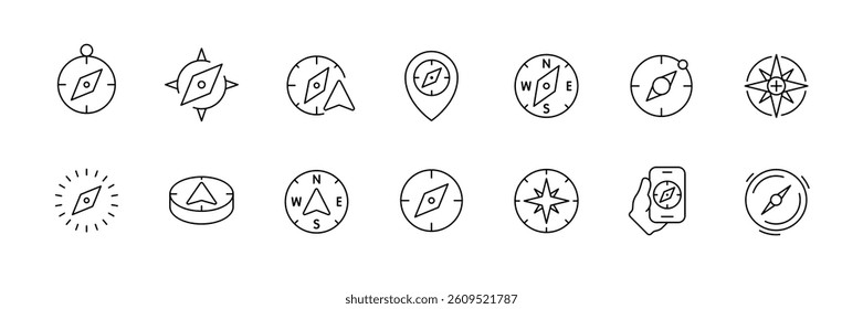 Linear compass icons set: directional symbols for navigation and wayfinding projects