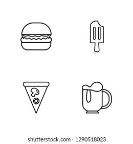 Linear Complete Hamburger, Pepperoni Pizza Slice, Ice Pop, Foamy Beer Jar Vector Illustration Of 4 outline Icons. Editable Pack Of Complete Hamburger, Pepperoni Pizza Slice, Ice Pop, Foamy Beer Jar