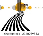 Linear composition vector road to horizon, abstract background with lines in 3D perspective, optical illusion op art, black and yellow colors.