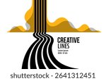 Linear composition vector road to horizon, abstract background with lines in 3D perspective, optical illusion op art, black and yellow colors.