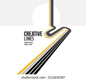 Linear Composition Vector Road To Horizon, Abstract Background With Lines In 3D Perspective, Optical Illusion Op Art, Black And Yellow Colors.