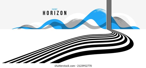 Linear composition vector road to horizon, abstract background with lines in 3D perspective, optical illusion op art, black and blue colors.