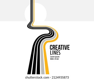 Linear composition vector road to horizon, abstract background with lines in 3D perspective, optical illusion op art, black and yellow colors.