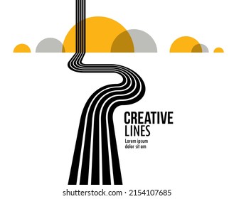 Linear composition vector road to horizon, abstract background with lines in 3D perspective, optical illusion op art, black and yellow colors.