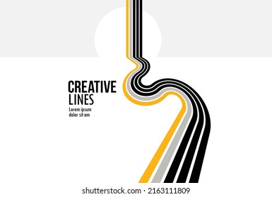 Linear composition vector road to horizon, abstract background with lines in 3D perspective, optical illusion op art, black and yellow colors.