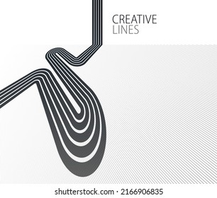 Linear composition vector road to horizon, abstract background with lines in 3D perspective, optical illusion op art, black and white monochrome.