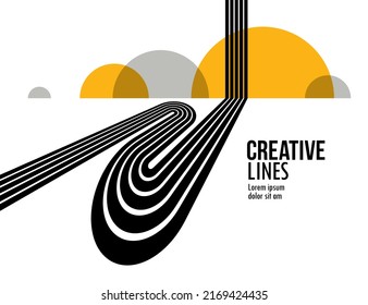 Linear composition vector road to horizon, abstract background with lines in 3D perspective, optical illusion op art, black and yellow colors.