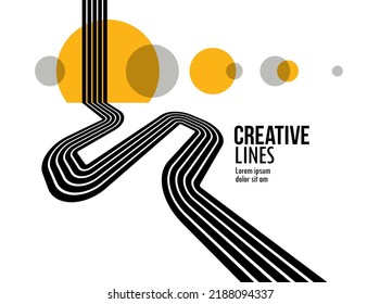 Linear composition vector road to horizon, abstract background with lines in 3D perspective, optical illusion op art, black and yellow colors.