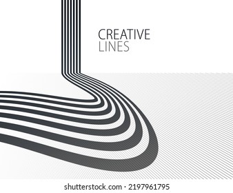 Linear Composition Vector Road To Horizon, Abstract Background With Lines In 3D Perspective, Optical Illusion Op Art, Black And White Monochrome.