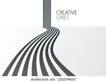 Linear Composition Vector Road To Horizon, Abstract Background With Lines In 3D Perspective, Optical Illusion Op Art, Black And White Monochrome.