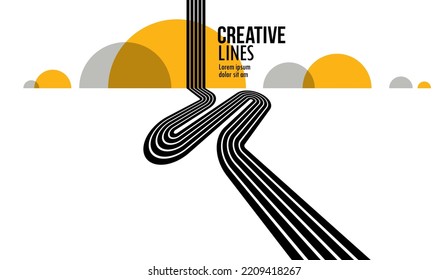 Linear composition vector road to horizon, abstract background with lines in 3D perspective, optical illusion op art, black and yellow colors.