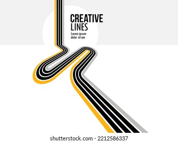 Linear Composition Vector Road To Horizon, Abstract Background With Lines In 3D Perspective, Optical Illusion Op Art, Black And Yellow Colors.