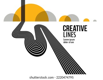 Linear composition vector road to horizon, abstract background with lines in 3D perspective, optical illusion op art, black and yellow colors.