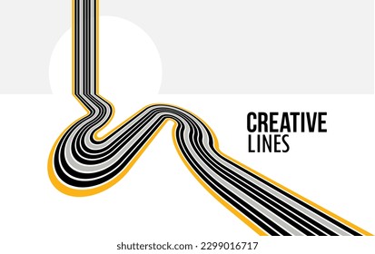 Linear composition vector road to horizon, abstract background with lines in 3D perspective, optical illusion op art, black and yellow colors.