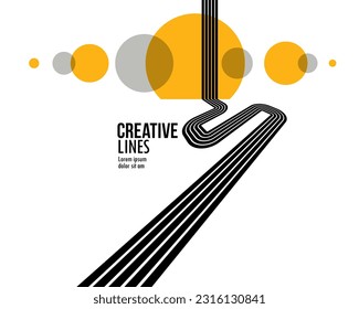 Linear composition vector road to horizon, abstract background with lines in 3D perspective, optical illusion op art, black and yellow colors.