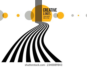 Linear composition vector road to horizon, abstract background with lines in 3D perspective, optical illusion op art, black and yellow colors. svg