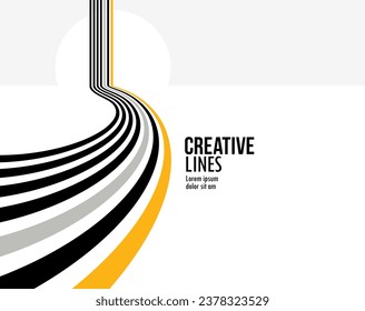 Linear composition vector road to horizon, abstract background with lines in 3D perspective, optical illusion op art, black and yellow colors.