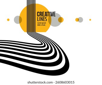Linear composition vector road to horizon, abstract background with lines in 3D perspective, optical illusion op art, black and yellow colors.