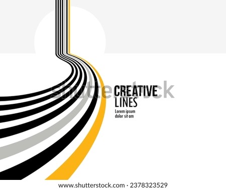 Linear composition vector road to horizon, abstract background with lines in 3D perspective, optical illusion op art, black and yellow colors.