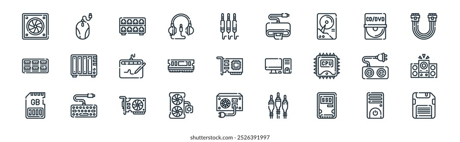 linear computer hardware icon pack. vector thin line cpu tower, mouse clicker, network hub, cd drive, ram memory, speaker, power supply, floppy disk icons suitable for apps and websites ui designs