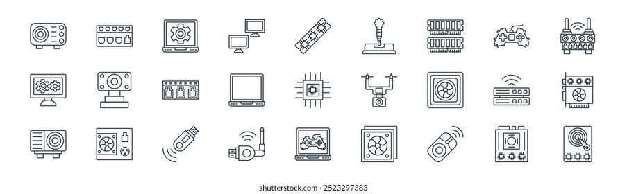 linear computer peripheral icon pack. vector thin line motherboard, ports, ting, game pad, laptop, graphics card, game, hard disk drive icons suitable for apps and websites ui designs