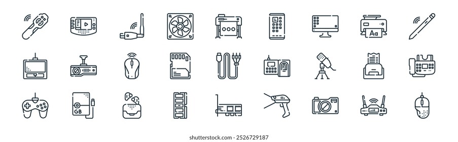 linear computer peripherals icon pack. vector thin line modem, portable, wifi, inkjet, memory card, fax, pci card, mouse icons suitable for apps and websites ui designs