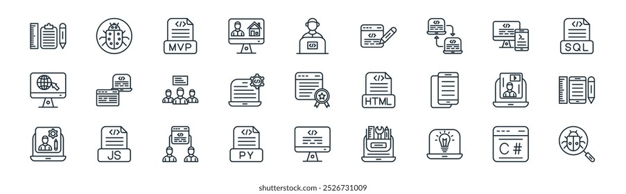 linear computer programming icon pack. vetor linha fina c sustenido, bug, mvp, terminal de código, código, ui de, monitor, ícones de pesquisa adequados para aplicativos e sites projetos de iu