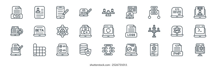 linear computer programming icon pack. vetor linha fina php, história, editor de texto, programação, linguagem de codificação, linha de comando, dependências, ícones de desenvolvedor de software adequados para aplicativos e sites ui