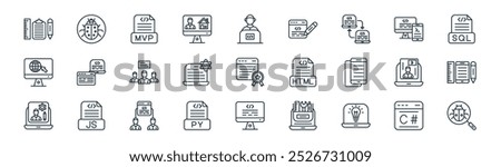 linear computer programming icon pack. vector thin line c sharp, bug, mvp, code terminal, code, ui de, monitor, search icons suitable for apps and websites ui designs