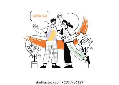 Linear concept happy people with scene in the flat cartoon style. Friends tell each other funny stories and have fun together. Vector illustration.
